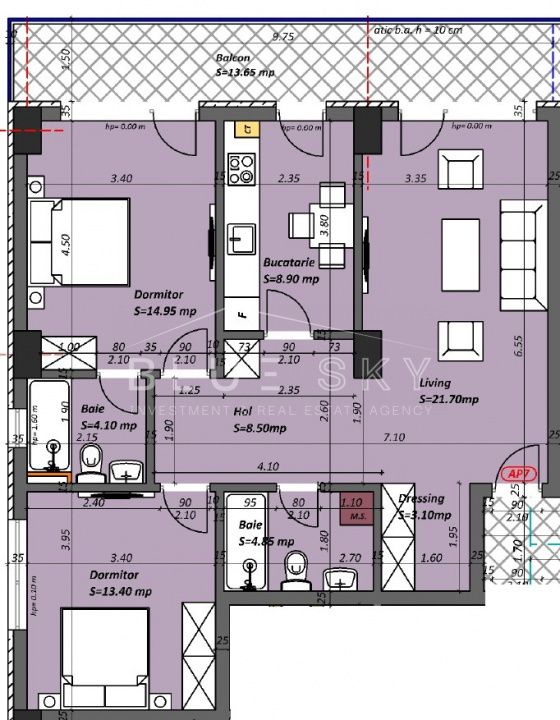 Plan apartament 3 camere 92,95 mp, Madrid 48